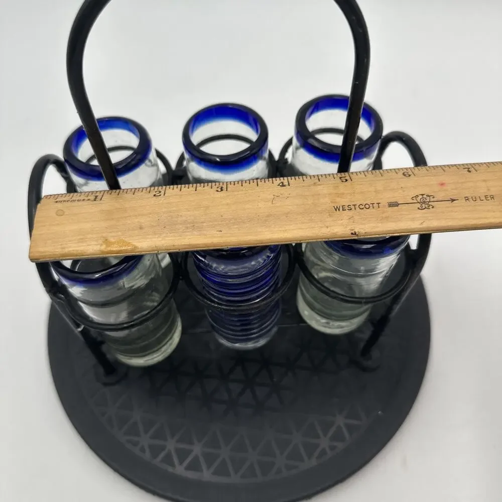 Hand blown Shot Glasses With Metal Caddy. Set Of 6